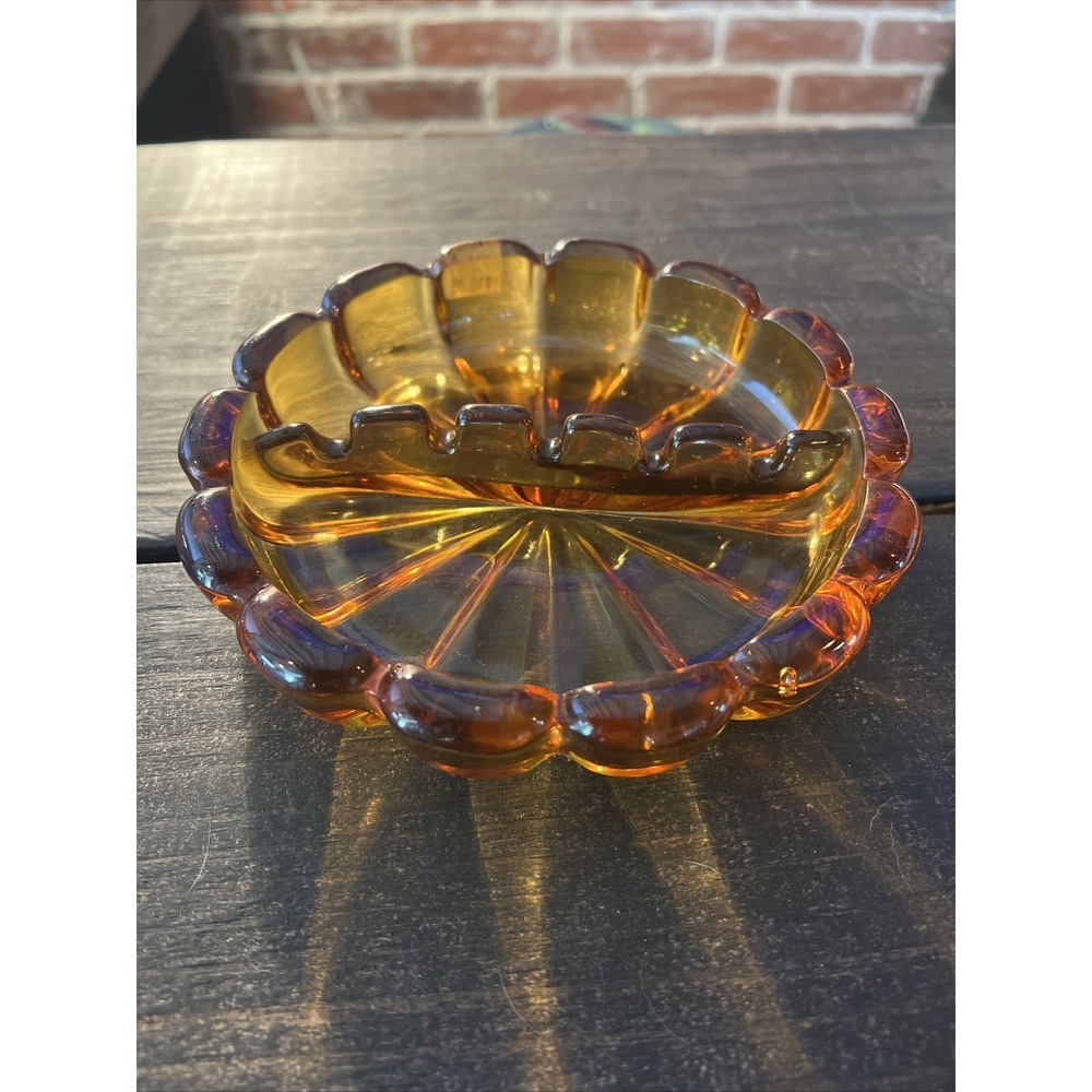 Vintage Viking Art Glass Orange Ashtray Large Heavy‎ Scalloped MCM